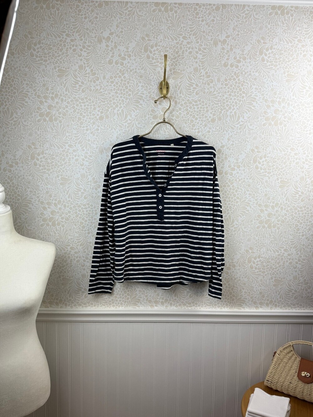 BODEN Navy and White Striped Ruffle Trim Long-Sleeve Henley Tee - Size - 8